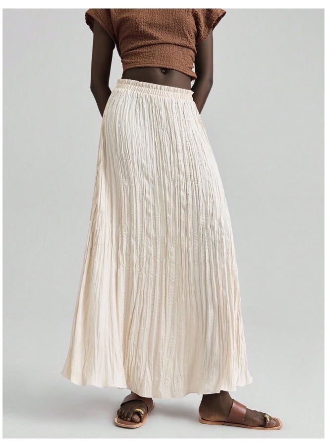 Verdusa Women's Vacation Textured Pleated Maxi Skirt Boho Ruffle Flowy Long Skirts, Beige, M - Image 3