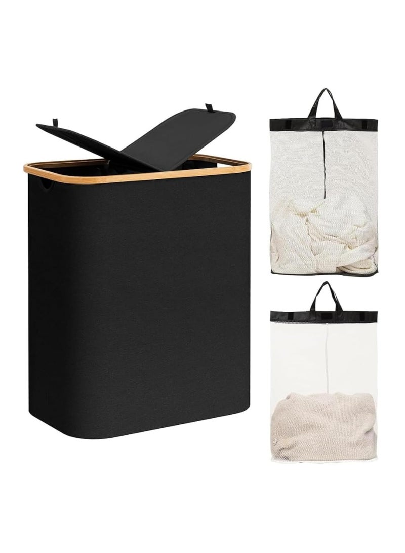 Foldable Double Laundry Hamper with Lid - 150L Large 2 Section Dirty Clothes Basket, Divided Laundry Bin with Removable Bags & Handles, Collapsible Clothes Organizer for Bathroom, Bedroom, Laundry Room, Closet (Black) - Image 1