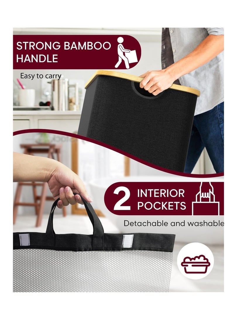 Foldable Double Laundry Hamper with Lid - 150L Large 2 Section Dirty Clothes Basket, Divided Laundry Bin with Removable Bags & Handles, Collapsible Clothes Organizer for Bathroom, Bedroom, Laundry Room, Closet (Black) - Image 3
