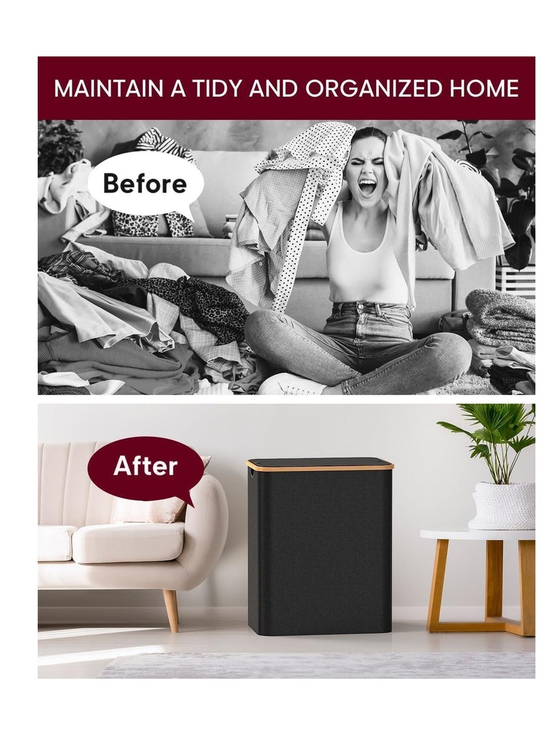 Foldable Double Laundry Hamper with Lid - 150L Large 2 Section Dirty Clothes Basket, Divided Laundry Bin with Removable Bags & Handles, Collapsible Clothes Organizer for Bathroom, Bedroom, Laundry Room, Closet (Black) - Image 4