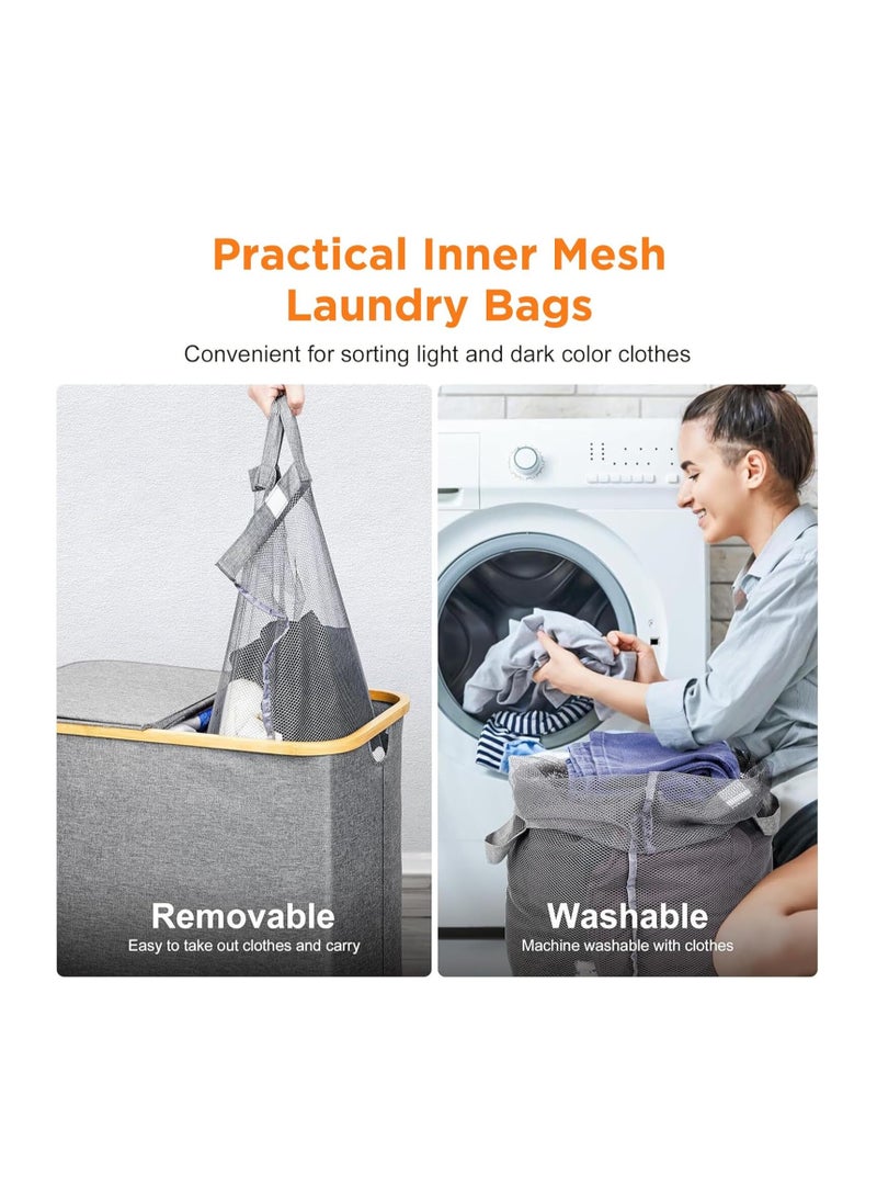 Foldable Double Laundry Hamper with Lid - 150L Large 2 Section Dirty Clothes Basket, Divided Laundry Bin with Removable Bags & Handles, Collapsible Clothes Organizer for Bathroom, Bedroom, Laundry Room, Closet (Black) - Image 5