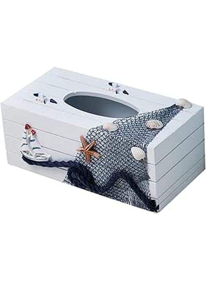 Wooden Tissue Box Holder Mediterranean Style Nautical Beach Room Decor Storage - Image 1