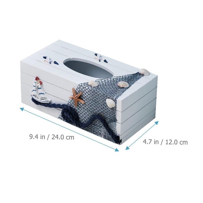 Wooden Tissue Box Holder Mediterranean Style Nautical Beach Room Decor Storage - Image 3