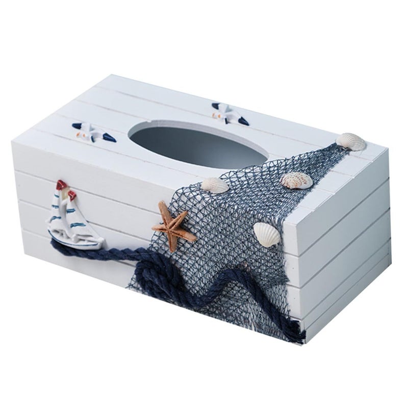 Wooden Tissue Box Holder Mediterranean Style Nautical Beach Room Decor Storage - Image 2
