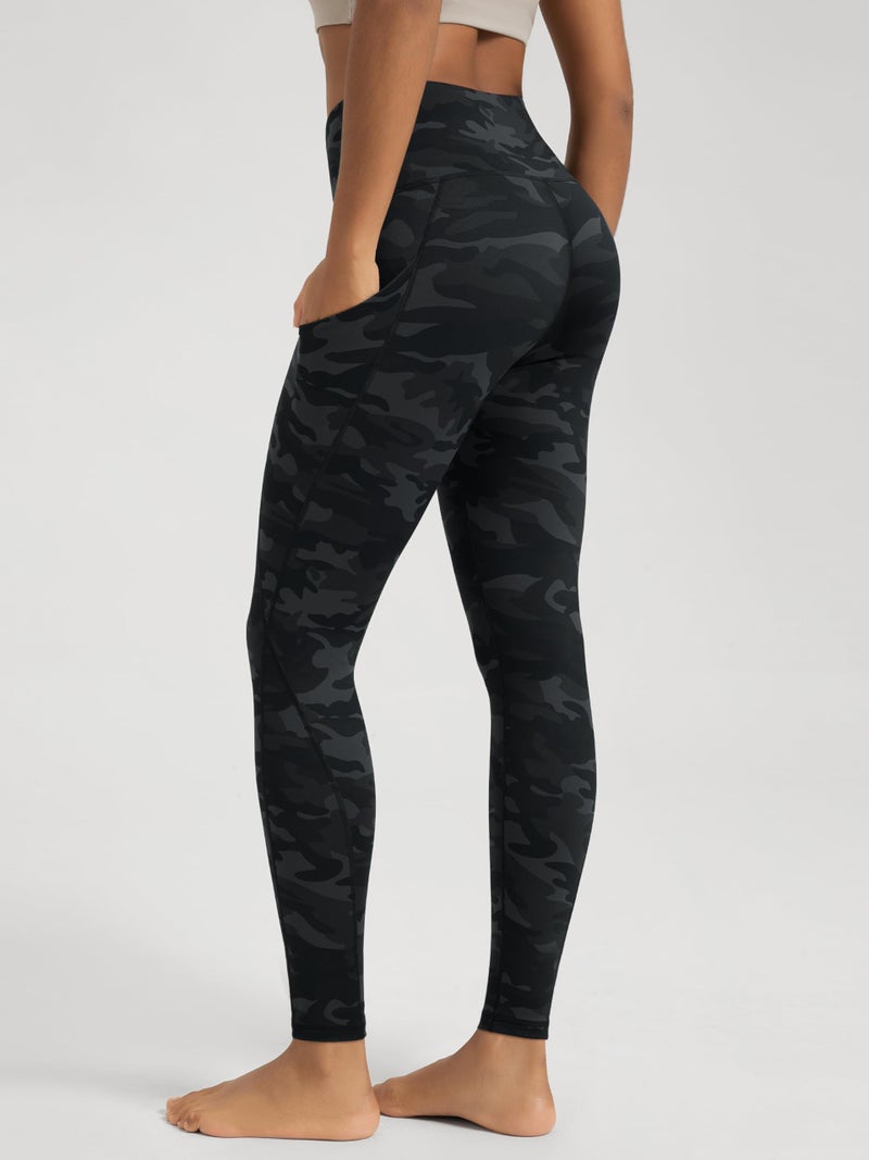 ODODOS Women's High Waisted Full Length Yoga Leggings with Pockets, 28" Inseam Tummy Control Non See Through Workout Athletic Running Yoga Pants, Camo Dark Gray, Medium - Image 3