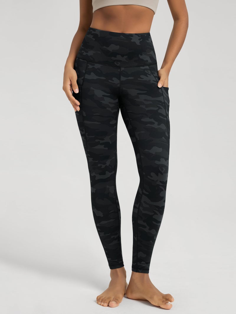 ODODOS Women's High Waisted Full Length Yoga Leggings with Pockets, 28" Inseam Tummy Control Non See Through Workout Athletic Running Yoga Pants, Camo Dark Gray, Medium - Image 2