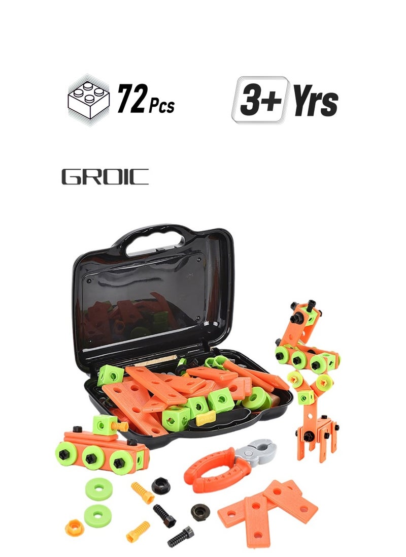 GROIC 72 Pieces Kids Assembling Tools Set Box Construction Accessories Pretend Toys Building Blocks Educational Toys with Carry Case  - Image 1