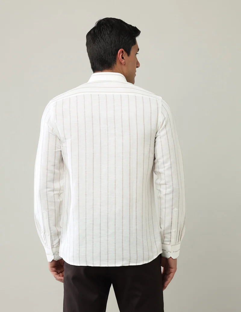 Arrow Light Brown Manhattan Slim Fit Vertical Striped Shirt for Men | Best Price UAE