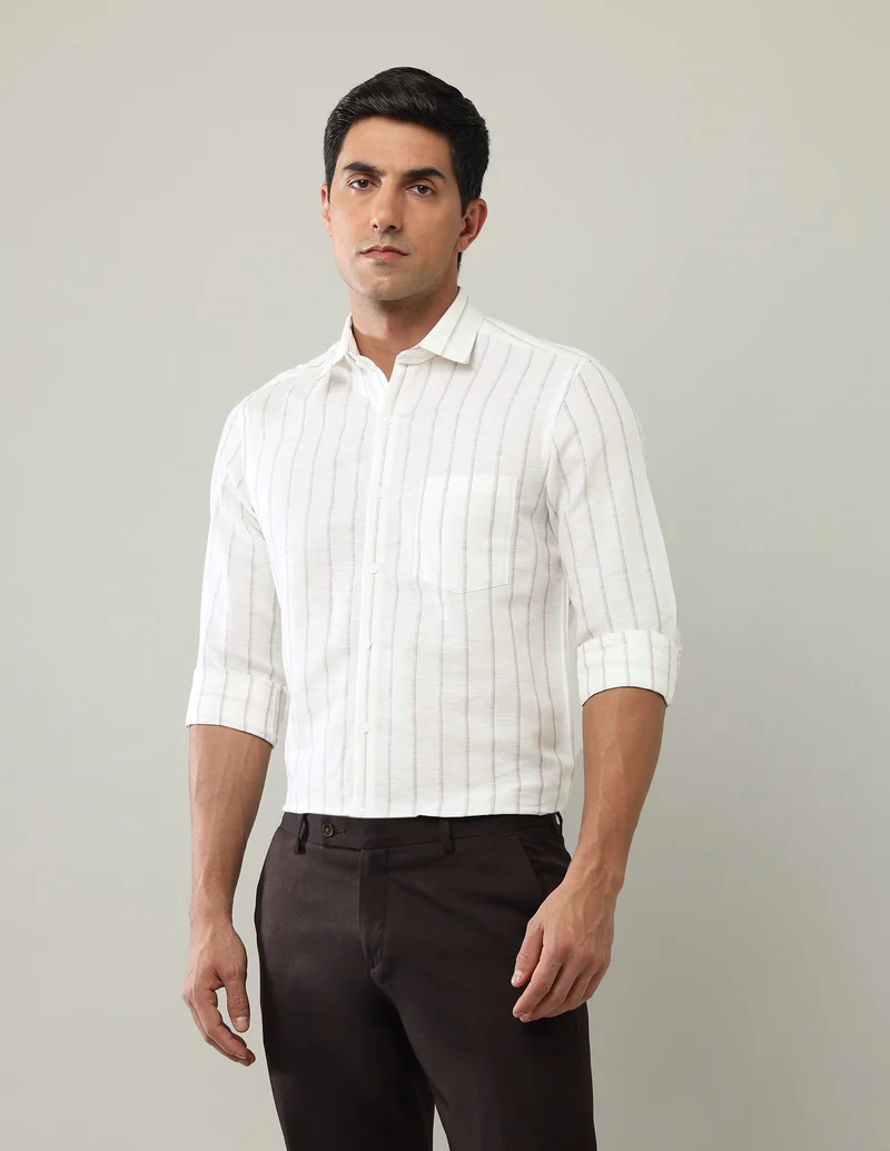 Arrow Light Brown Manhattan Slim Fit Vertical Striped Shirt for Men | Best Price UAE