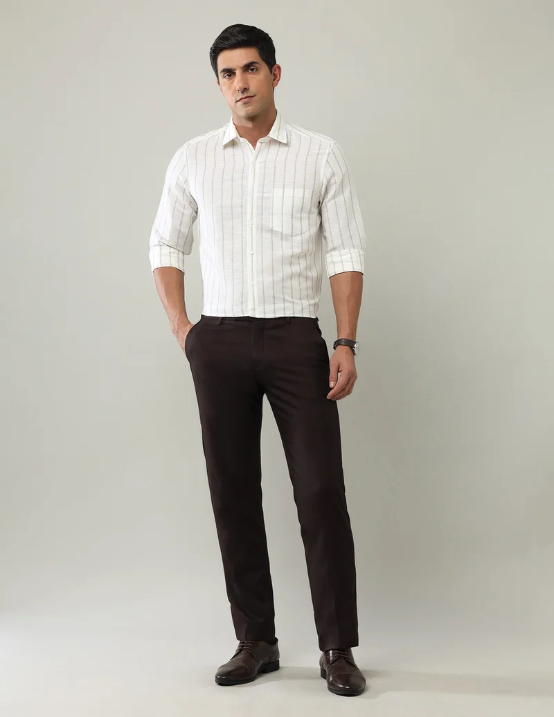 Arrow Light Brown Manhattan Slim Fit Vertical Striped Shirt for Men | Best Price UAE