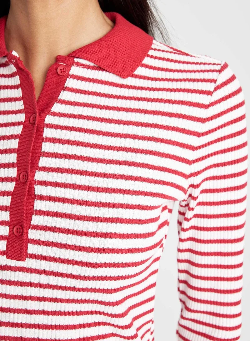 DeFacto Slim Fit Polo Neck Buttoned Striped Ribbed Long Sleeve T-Shirt