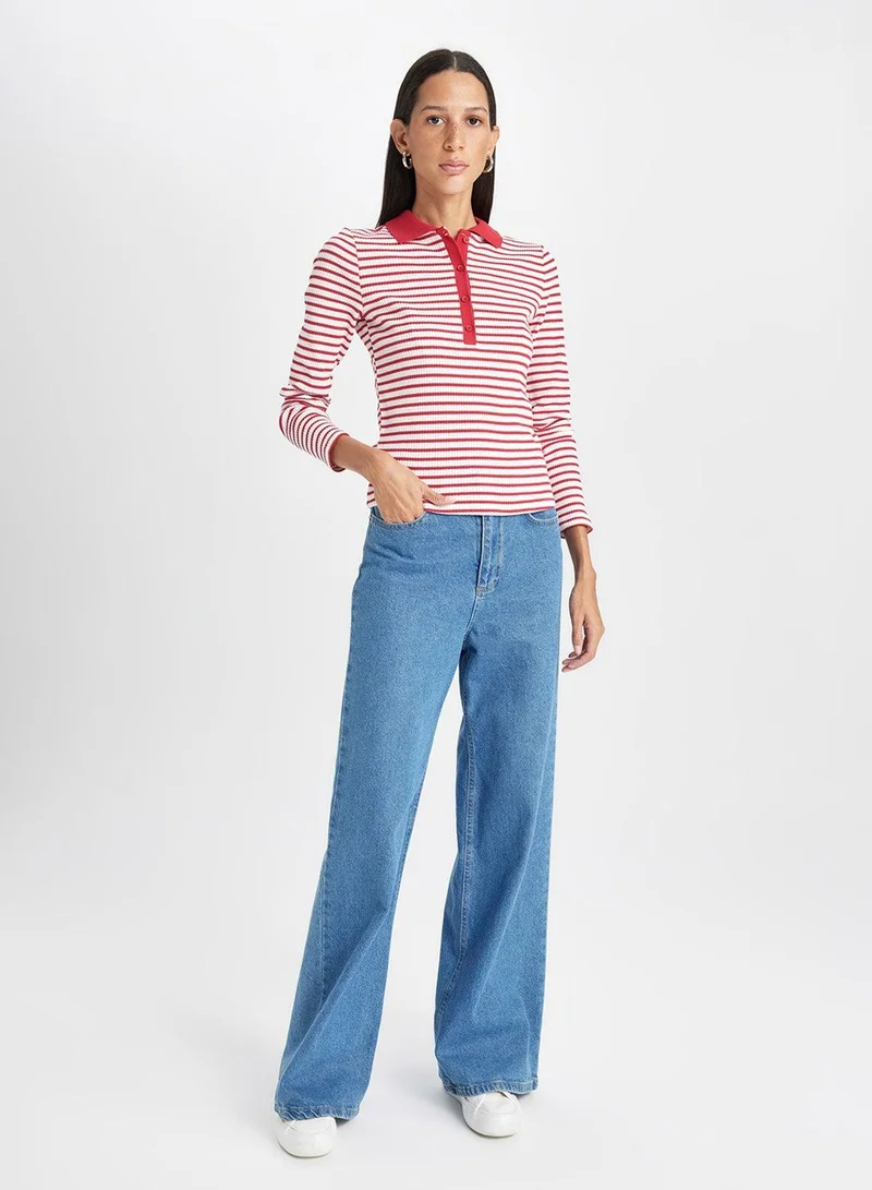 DeFacto  Slim Fit Polo Neck Buttoned Striped Ribbed Long Sleeve T-Shirt for Women | Best Price UAE