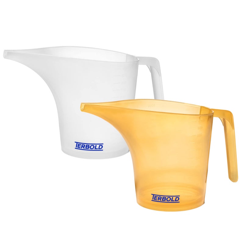 Terbold Funnel Pitcher with Spout 2pc Set | 1 Liter Plastic Measuring Pitchers for Cake, Pancake Dispenser, Soap Pouring or Oil Automotive use - Image 1