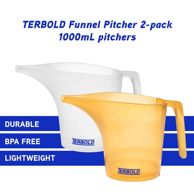 Terbold Funnel Pitcher with Spout 2pc Set | 1 Liter Plastic Measuring Pitchers for Cake, Pancake Dispenser, Soap Pouring or Oil Automotive use - Image 2