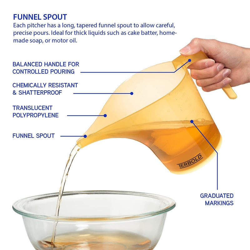 Terbold Funnel Pitcher with Spout 2pc Set | 1 Liter Plastic Measuring Pitchers for Cake, Pancake Dispenser, Soap Pouring or Oil Automotive use - Image 3