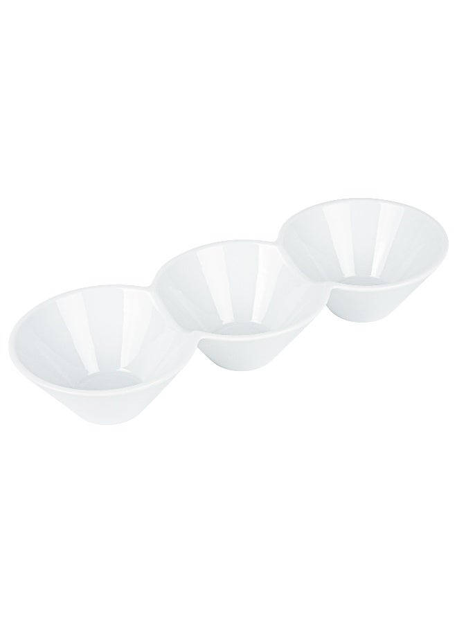 Restaurantware 13.4 x 4.9 x 2.3 Inch Triple Dip Bowls, 1 Microwavable Condiment Server - 3 Compartments, Microwavable, White Porcelain Dip Tray, Dishwashable, For Snacks, Condiments, Or Toppings - Image 1