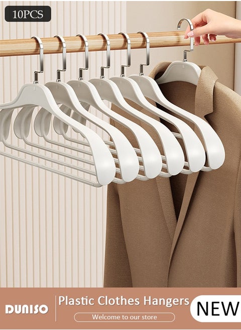 10 PCS Plastic Clothes Hangers with 360 Degree Rotatable Hook, Wide Shoulder Design Hangers, Non-Slip Felt Hangers, Durable Suit Hangers, Lightweight  Laundry Hangers for Space Saving and No Hanger Marks, Clothes Stand for Shirts Dresses and Pants