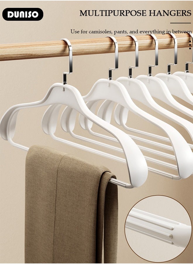 10 PCS Plastic Clothes Hangers with 360 Degree Rotatable Hook, Wide Shoulder Design Hangers, Non-Slip Felt Hangers, Durable Suit Hangers, Lightweight  Laundry Hangers for Space Saving and No Hanger Marks, Clothes Stand for Shirts Dresses and Pants