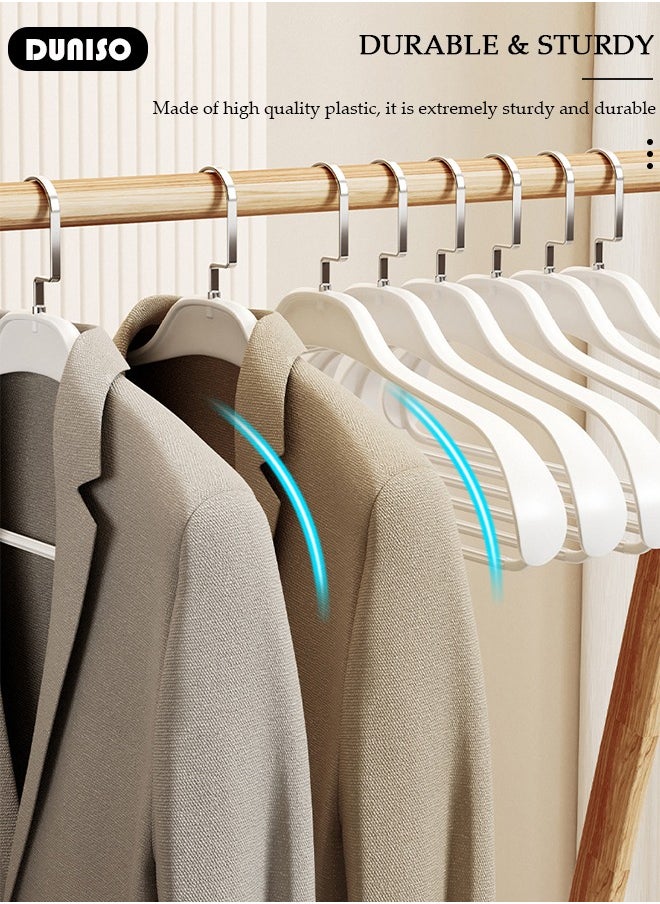 10 PCS Plastic Clothes Hangers with 360 Degree Rotatable Hook, Wide Shoulder Design Hangers, Non-Slip Felt Hangers, Durable Suit Hangers, Lightweight  Laundry Hangers for Space Saving and No Hanger Marks, Clothes Stand for Shirts Dresses and Pants