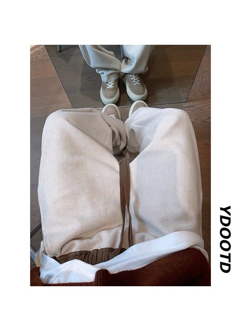 Vintage Color-Block Herringbone Wool Pants for Men Beige