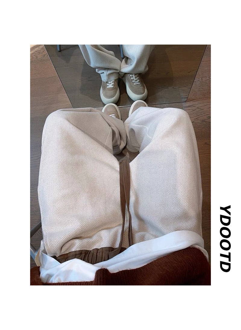 Generic - Vintage Color-Block Herringbone Wool Pants for Men Beige - Image 1