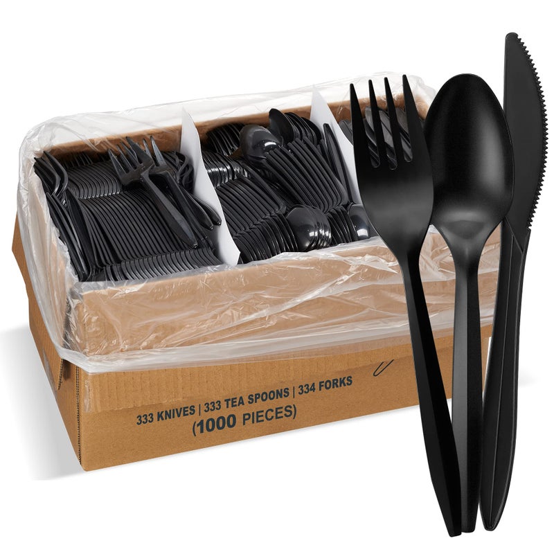 ELEGANT DISPOSABLES 1000 Plastic Disposable Cutlery Bulk Variety Pack Black Medium Weight Includes 334 forks 333 knives 333 soup spoons Disposable Silverware Plastic Cutlery 