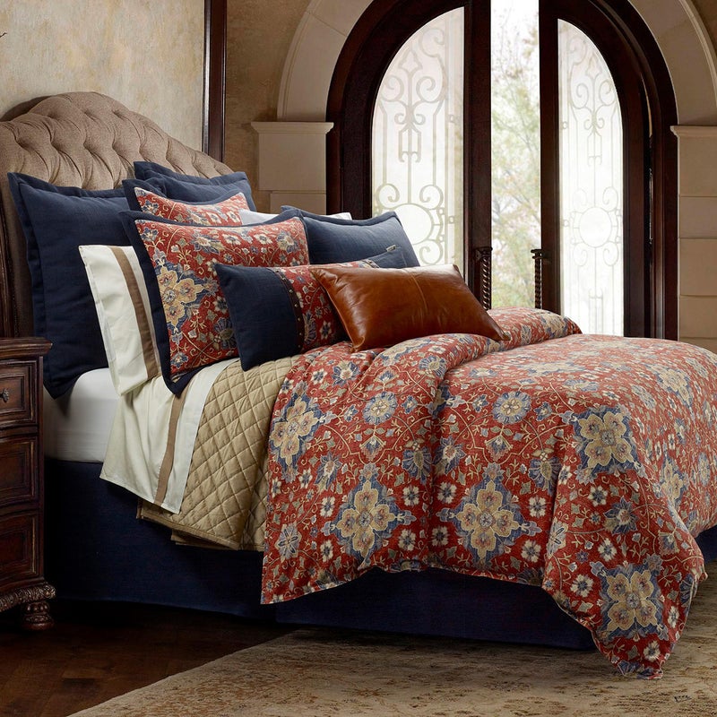 H HIEND ACCENTS HiEnd Accents Washed Linen Melinda 3 Piece Floral Comforter Set King Size Red Navy Blue Medallion Bedding Classic Western Modern Rustic Lodge Style Flower Linen Comforter with Pillow Shams 