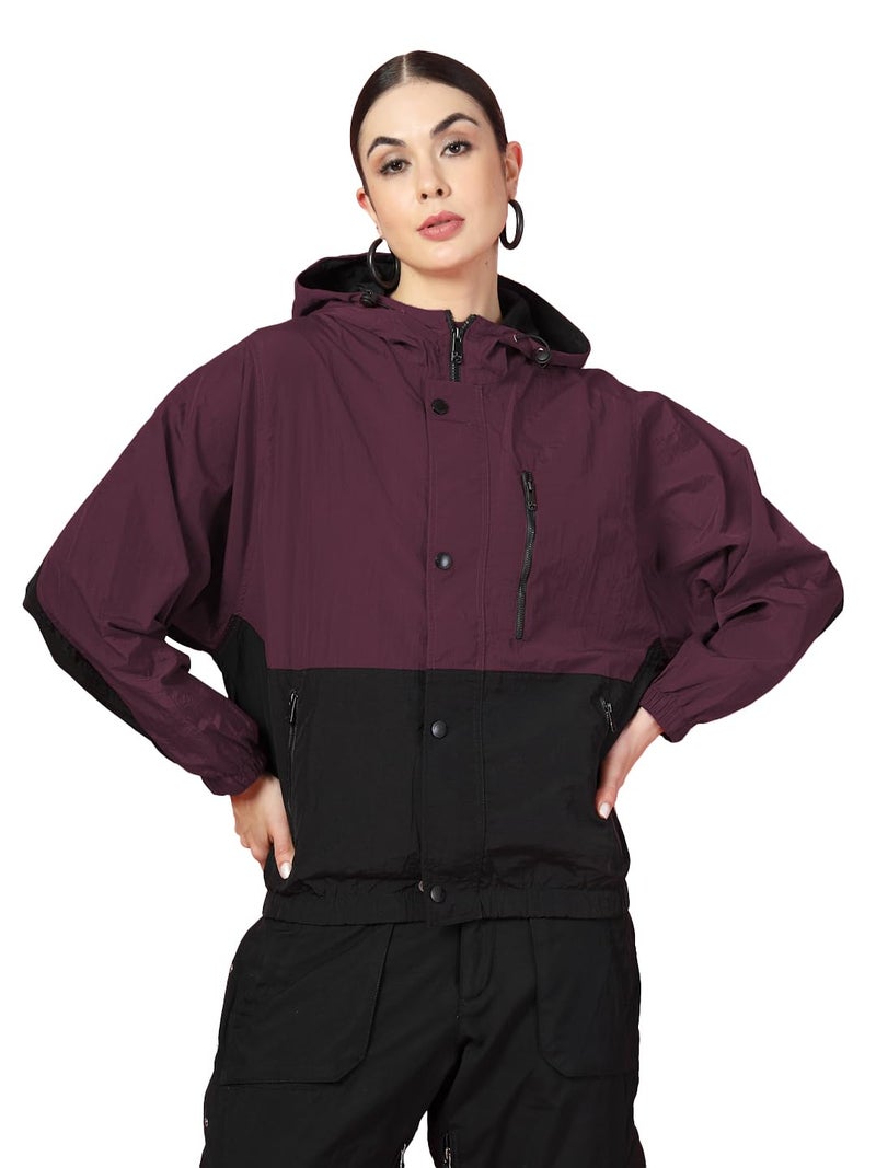 CHKOKKO Womens Stylish Oversized Windcheater Jacket with Zip Closure Lightweight Sportswear for Running Travel Hiking Outdoor and Rainy Season Wear MaroonBlack XXL - Image 1