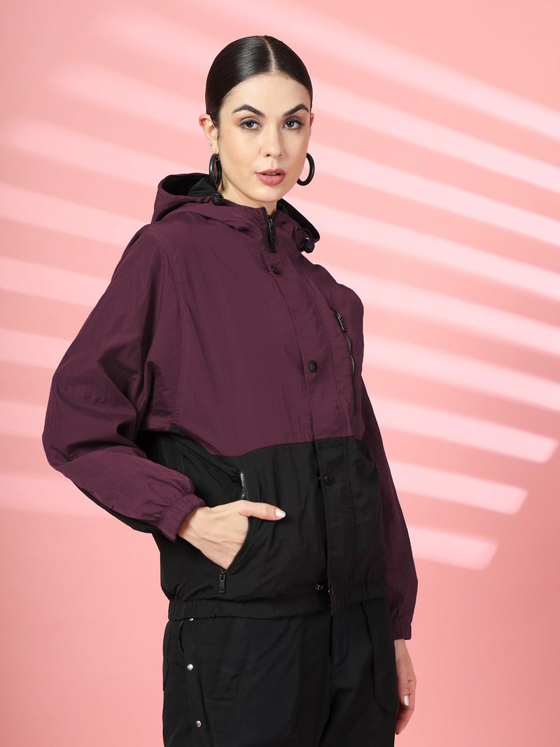 CHKOKKO Womens Stylish Oversized Windcheater Jacket with Zip Closure Lightweight Sportswear for Running Travel Hiking Outdoor and Rainy Season Wear MaroonBlack XXL - Image 3