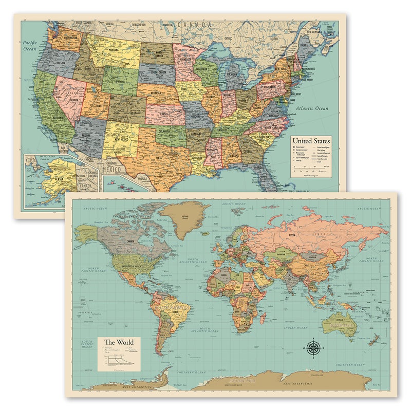 Palace Learning 2 Pack - World Map Poster & USA Map Chart [Tan/Color] (LAMINATED, 18” x 29”) - Image 1