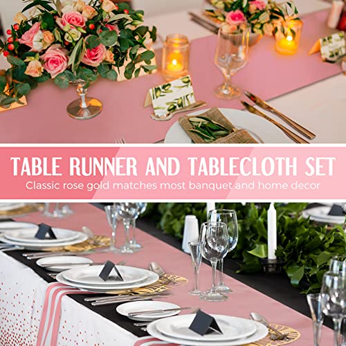 Breling 24 Packs White and Rose Gold Disposable Plastic Tablecloths and Satin Table Runner Set, 54 x 108 Inch Tablecloth, 12 x 108 Inch Table Runners for Wedding Graduation Birthday Baby Shower - Image 5