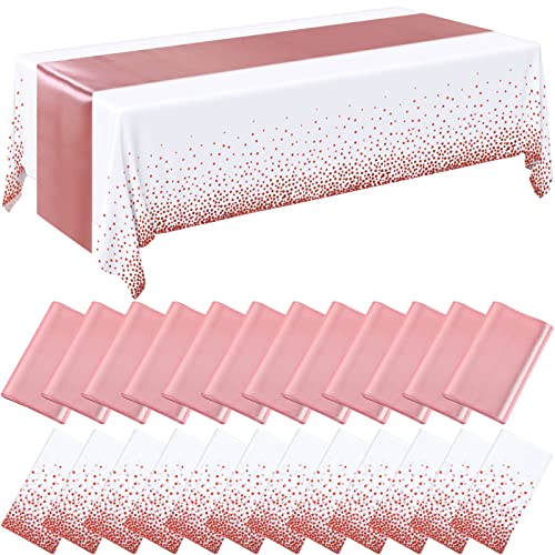 Breling 24 Packs White and Rose Gold Disposable Plastic Tablecloths and Satin Table Runner Set, 54 x 108 Inch Tablecloth, 12 x 108 Inch Table Runners for Wedding Graduation Birthday Baby Shower - Image 1