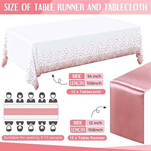 Breling 24 Packs White and Rose Gold Disposable Plastic Tablecloths and Satin Table Runner Set, 54 x 108 Inch Tablecloth, 12 x 108 Inch Table Runners for Wedding Graduation Birthday Baby Shower - Image 2