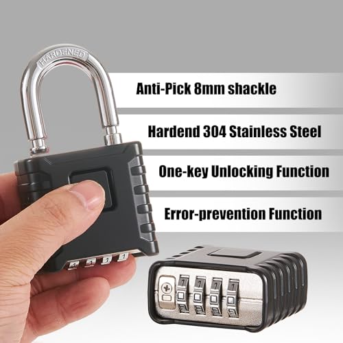 Disecu 1 Pack disecu Large Heavy Duty 4 Digit Combination Lock, One Touch Unlocking, Anti-Error Feature, High Security Outdoor Waterproof Padlock for School Gym Locker, Fence, Gate, Storage Unit (Black) - Image 3
