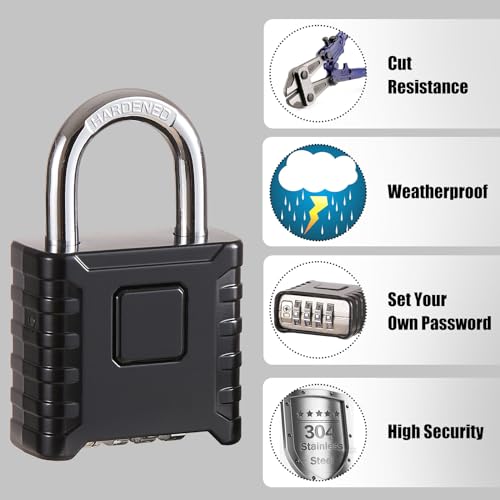 Disecu 1 Pack disecu Large Heavy Duty 4 Digit Combination Lock, One Touch Unlocking, Anti-Error Feature, High Security Outdoor Waterproof Padlock for School Gym Locker, Fence, Gate, Storage Unit (Black) - Image 4