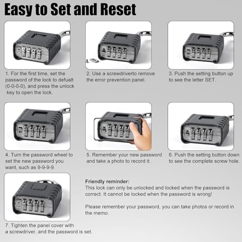 Disecu 1 Pack disecu Large Heavy Duty 4 Digit Combination Lock, One Touch Unlocking, Anti-Error Feature, High Security Outdoor Waterproof Padlock for School Gym Locker, Fence, Gate, Storage Unit (Black) - Image 5