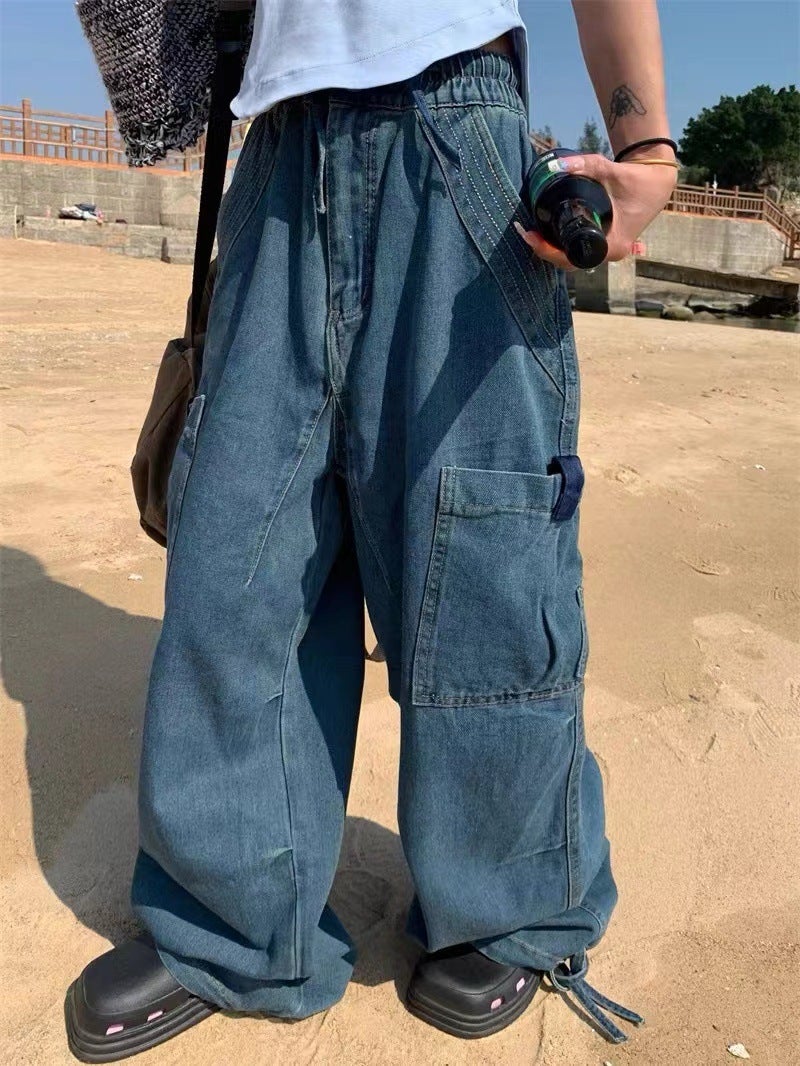 American-Style Vintage Washed Vibe Jeans Men'S And Women'S Ins High Street Multi-Pocket Mopping Loose Wide-Leg Overalls - Image 5