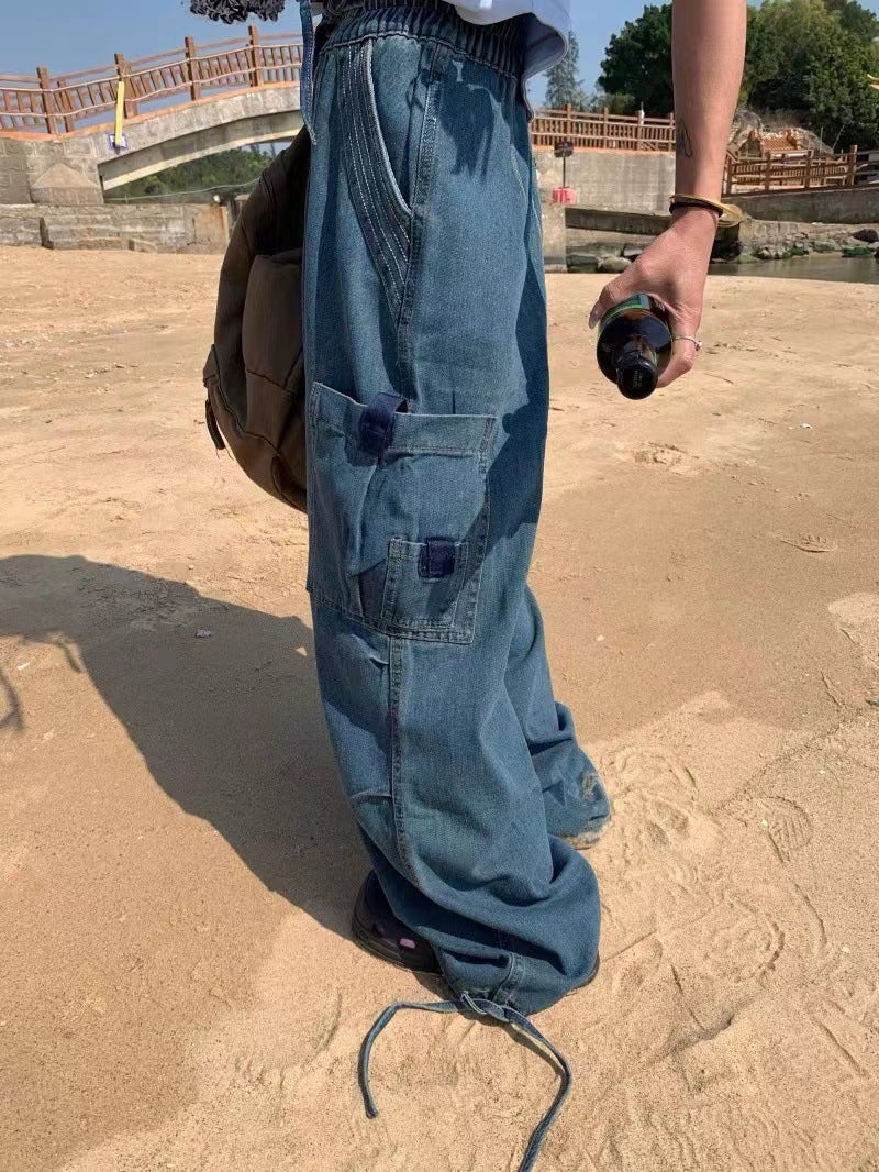 American-Style Vintage Washed Vibe Jeans Men'S And Women'S Ins High Street Multi-Pocket Mopping Loose Wide-Leg Overalls - Image 4