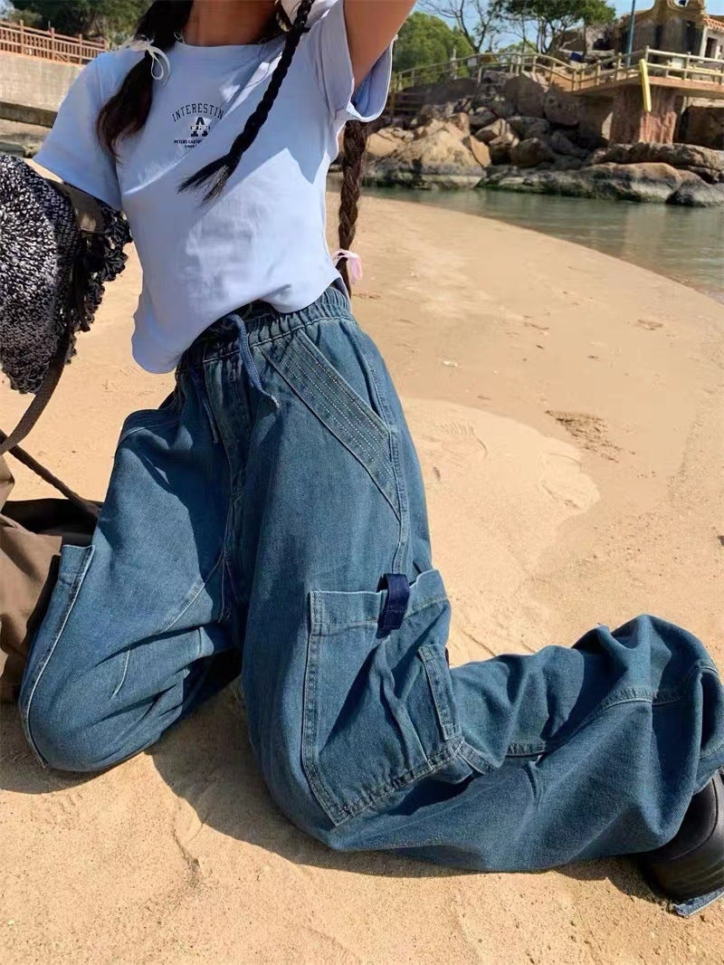 American-Style Vintage Washed Vibe Jeans Men'S And Women'S Ins High Street Multi-Pocket Mopping Loose Wide-Leg Overalls - Image 3