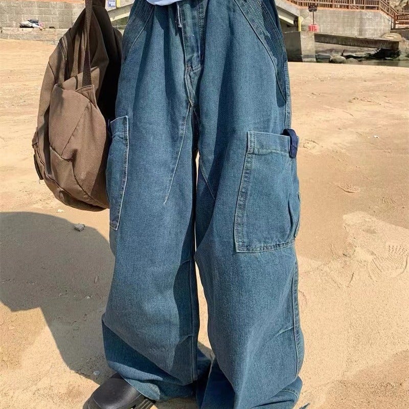 American-Style Vintage Washed Vibe Jeans Men'S And Women'S Ins High Street Multi-Pocket Mopping Loose Wide-Leg Overalls - Image 2