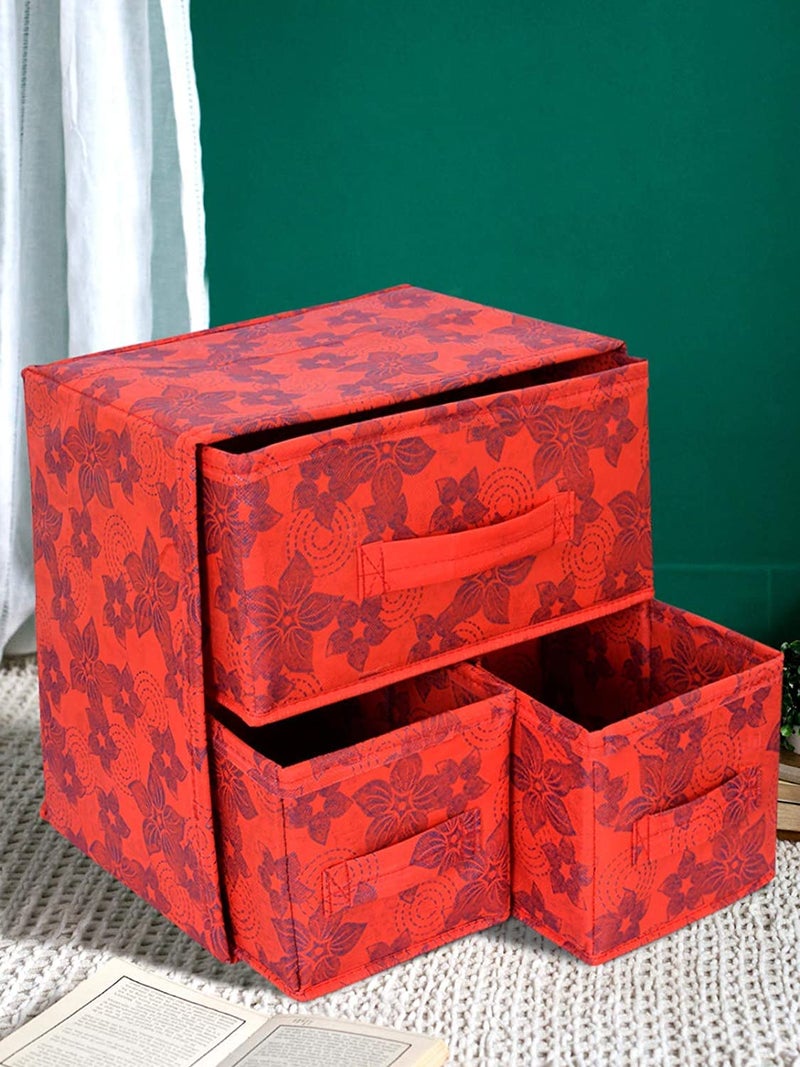 Kuber Industries Kuber Industries Metallic Flower Printed 3 Drawers Foldable Non-Woven Dressing/Jewllery/Makeup Organizer Box- Pack of 2 (Red)-HS43KUBMART26850  - Image 2