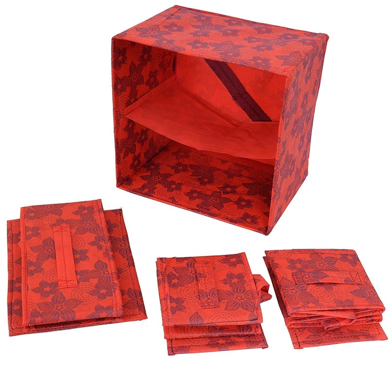 Kuber Industries Kuber Industries Metallic Flower Printed 3 Drawers Foldable Non-Woven Dressing/Jewllery/Makeup Organizer Box- Pack of 2 (Red)-HS43KUBMART26850  - Image 4