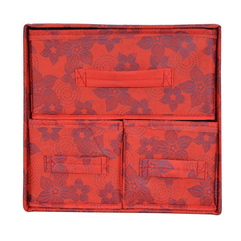 Kuber Industries Kuber Industries Metallic Flower Printed 3 Drawers Foldable Non-Woven Dressing/Jewllery/Makeup Organizer Box- Pack of 2 (Red)-HS43KUBMART26850  - Image 5