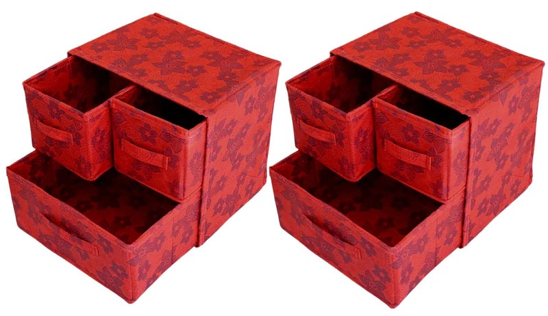 Kuber Industries Kuber Industries Metallic Flower Printed 3 Drawers Foldable Non-Woven Dressing/Jewllery/Makeup Organizer Box- Pack of 2 (Red)-HS43KUBMART26850  - Image 1