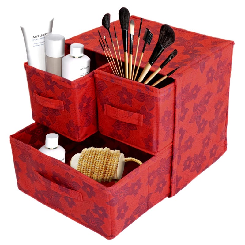 Kuber Industries Kuber Industries Metallic Flower Printed 3 Drawers Foldable Non-Woven Dressing/Jewllery/Makeup Organizer Box- Pack of 2 (Red)-HS43KUBMART26850  - Image 3