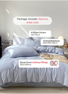 LUNA Home King Size 6 Piece Bedding Set Without Filling, Washable Cotton Sky Blue Color.  - Image 2
