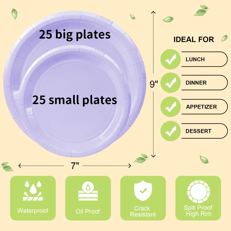 LANLISA 50 Lavender Paper Plates Disposable Set Includes 25-9"" & 25-7"" Lilac Disposable Birthday Dessert Cake Paper Plates For Party Supplies - Image 5