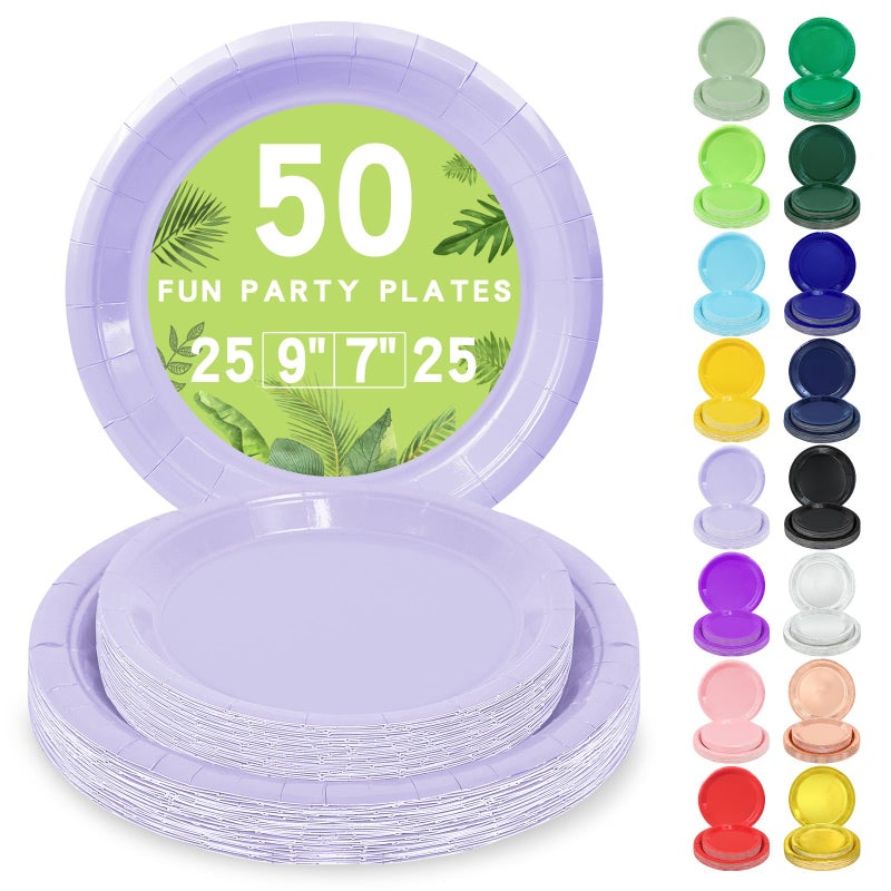 LANLISA 50 Lavender Paper Plates Disposable Set Includes 25-9"" & 25-7"" Lilac Disposable Birthday Dessert Cake Paper Plates For Party Supplies - Image 1