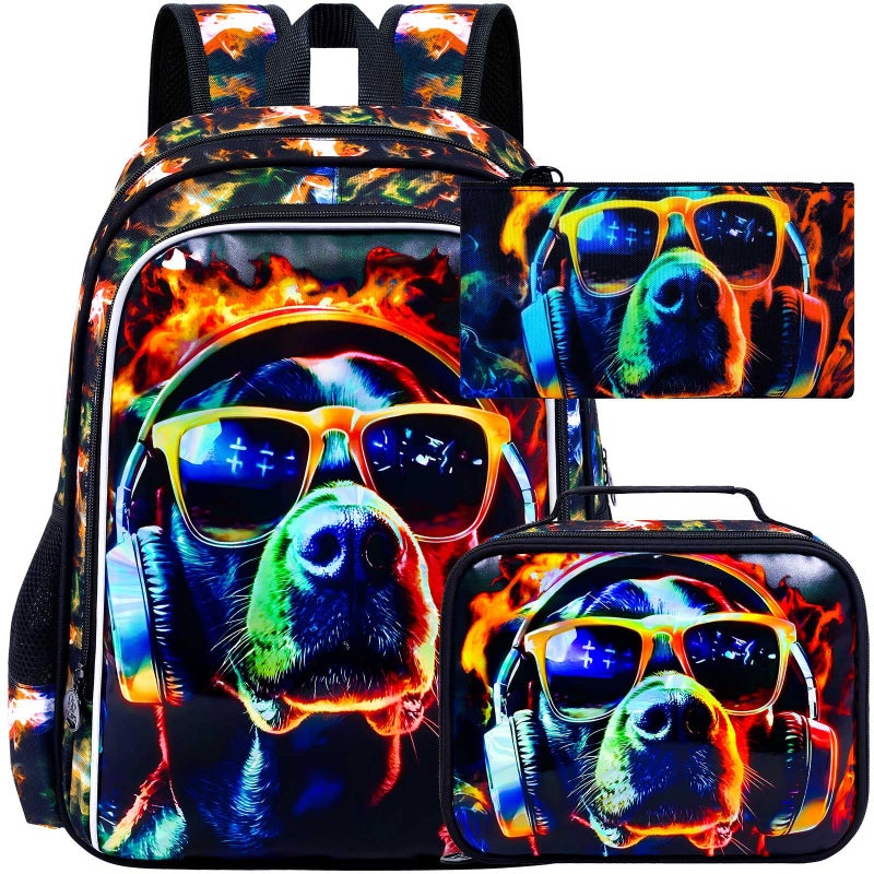 HPJGD 3PCS Boys Dog Bookbag Water Resistant Kids Backpack with Lunch Box 17 School Bag Set for Teenagers Middle Elementary Sunglasses Dog - Image 2