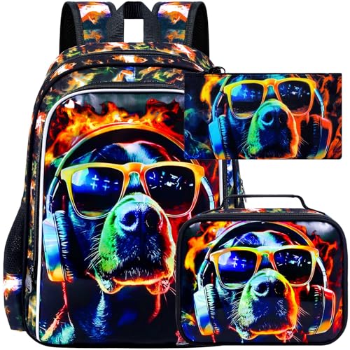 HPJGD 3PCS Boys Dog Bookbag Water Resistant Kids Backpack with Lunch Box 17 School Bag Set for Teenagers Middle Elementary Sunglasses Dog - Image 1